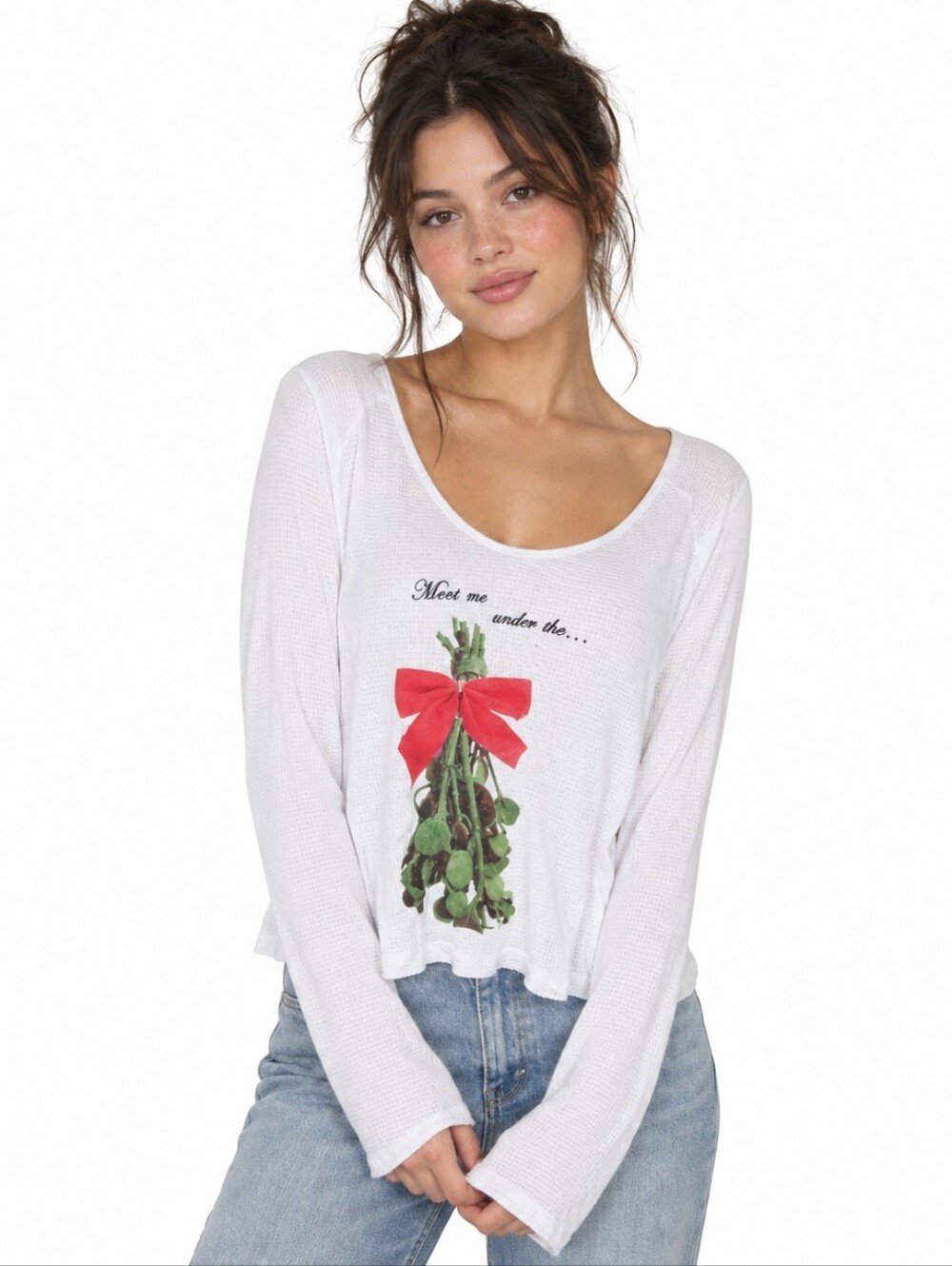 Wildfox Intimates Thermal XS White Mistletoe Christmas Waffle Top NWT